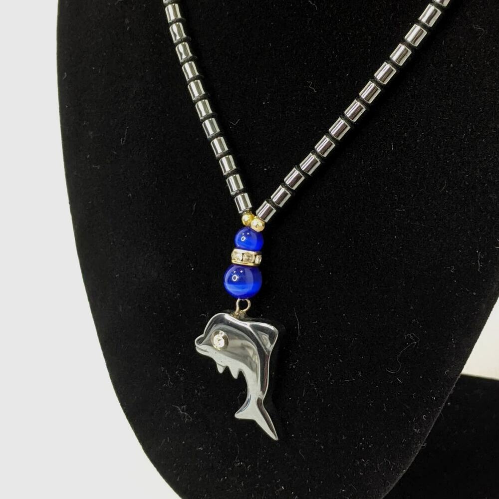 Handmade Dolphin Black Hematite Necklace Vintage Charm Beaded Blue Tigers Eye